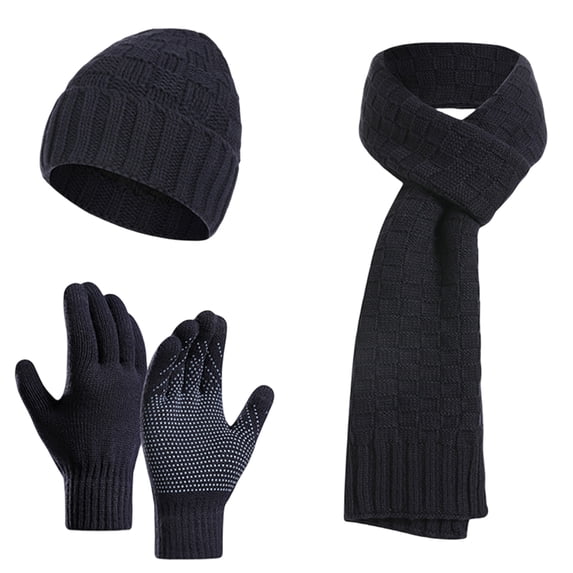 UDIYO 3Pcs/Set Men Scarf Hat Gloves Checkered Thickened Windproof Thermal Pure Color Keep Warm Super Soft Unisex Woolen Yarn Knitted Scarf Hat Full Finger Gloves Kit for Cycling