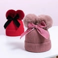 thumbnail image 3 of Enfants Deux Pompon Tricot Chapeau Bébé Fille Hiver Bowknot Crochet Chapeau Photo Prop (Rouge), 3 of 6