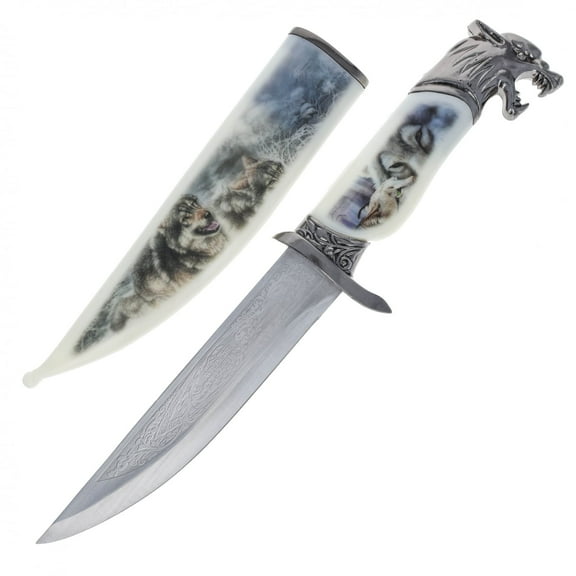 13.5" Collector's Hunting Knife with Wolf Scabbard and Etched Blade