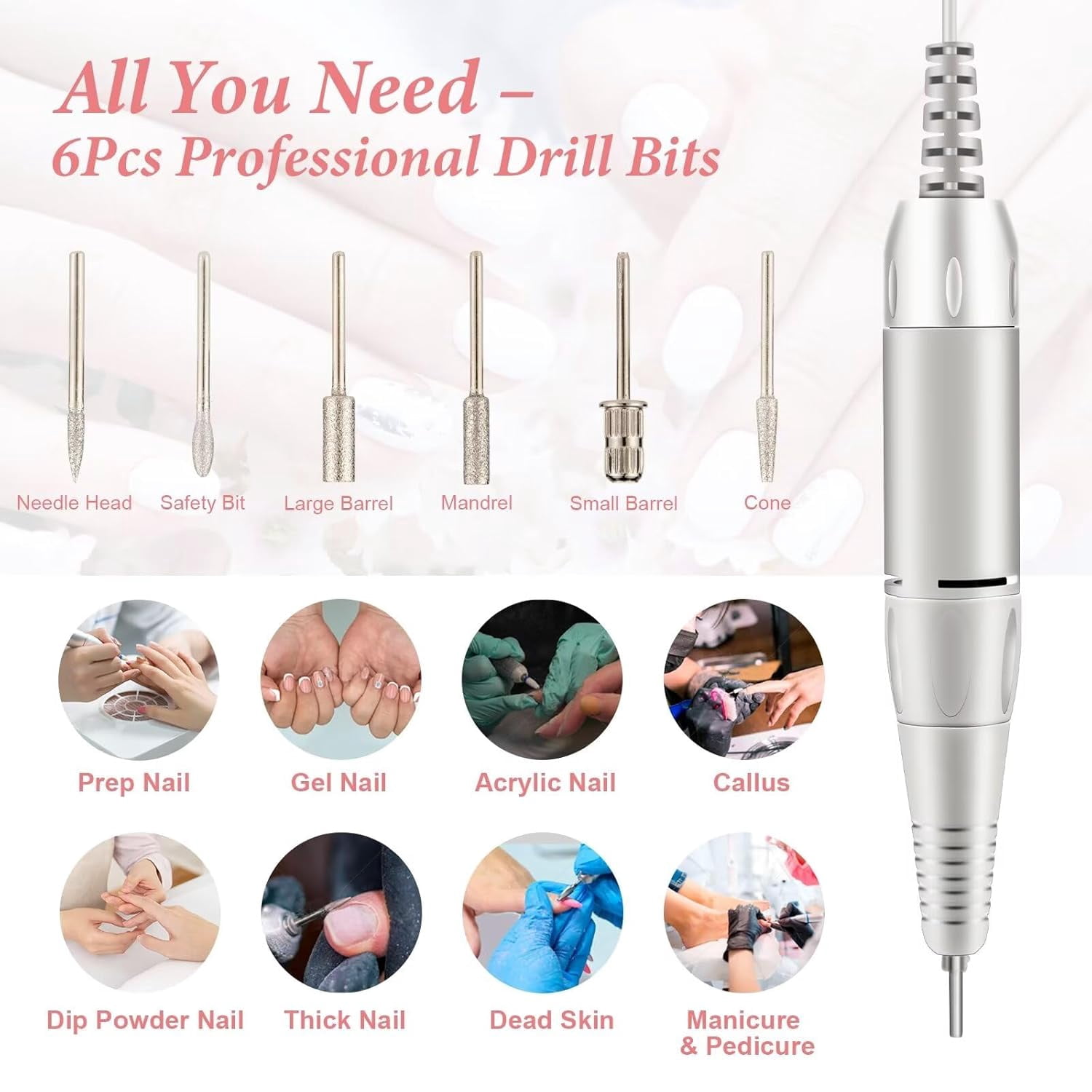 Portable Nail Drill Professional PedicureRechargeable 35000 RPM Nail File Machine Acrylic Nails Polishing Tools with Bits LED Display for Home Salon Manicure