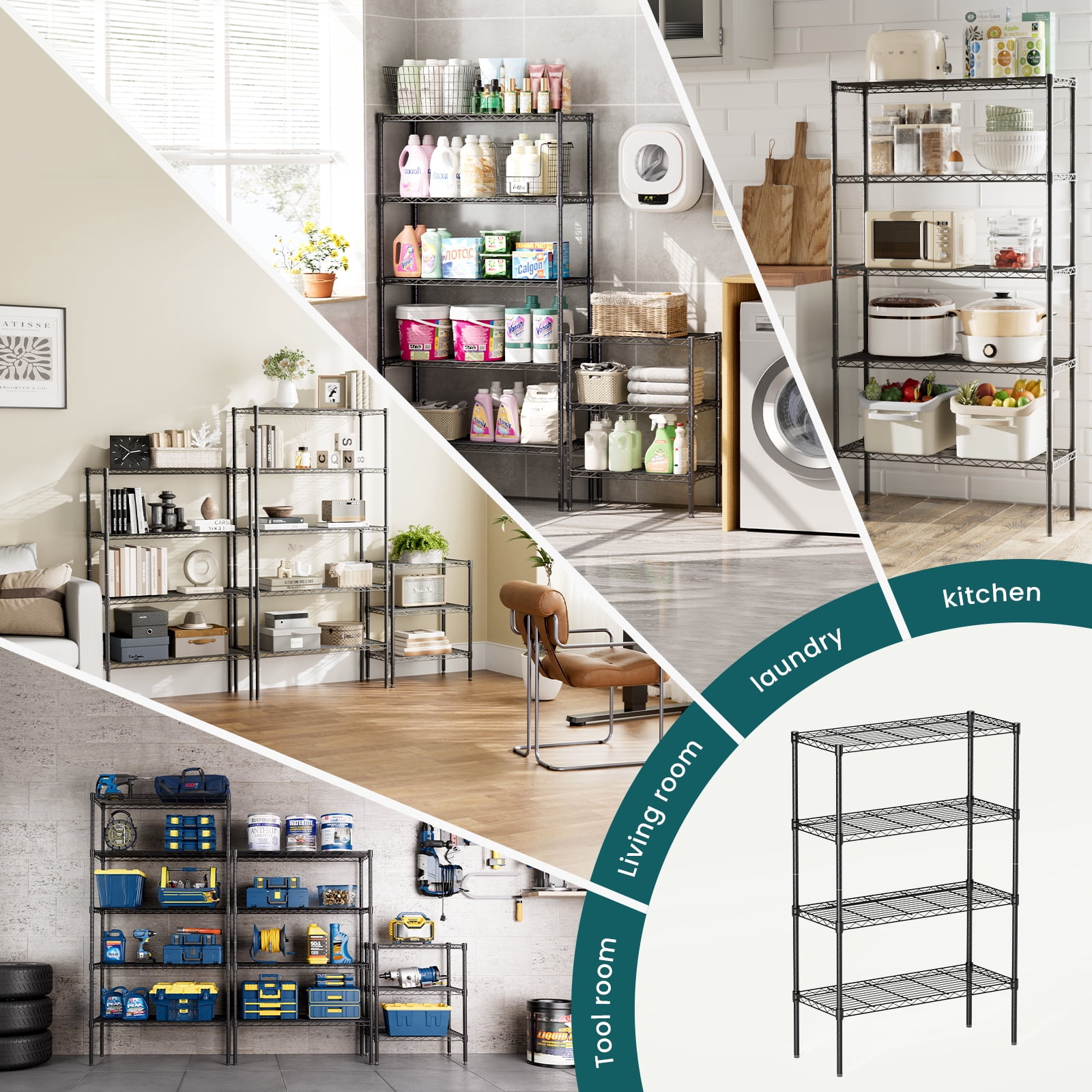 GIANNA 4-Tier Adjustable Metal Storage Rack – Freestanding Heavy-Duty Wire Shelves for Garage, Kitchen, or Commercial Use, 13.8" D x 35.4" W x 54" H