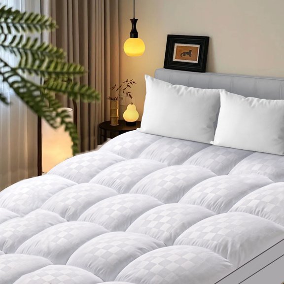 Mudie Thick Queen Mattress Topper,Quilted Mattress Pad Cover,Breathable Fluffy Soft Mattress Protector for Ultimate Comfort and Support Perfect for All Sleepers,White