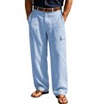 thumbnail image 4 of Mens Baggy Cargo Pants Cotton Linen Button Closure Loosepants Casual Outdoors Work Sky Blue 3XL, 4 of 6