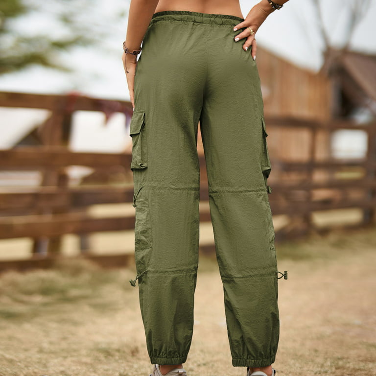 Womens Cargo Pants, Parachute Pants for Women High Waist Multi Pockets  Elastic Drawstring Wide Leg Joggers Pant (Medium, Army Green)