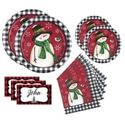 Christmas Disposable Dinnerware Set for Your Holiday Christmas Party - Snowman Buffalo Plaid - Premium Round Dinner Plates, Dessert Plates and Napkins, Table Place Cards (Service For 24)