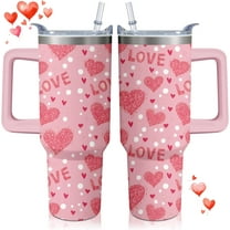 40oz Valentines Tumbler with Handle and Straw, Heart Stainless Steel Vacuum Insulated Cup, Travel Mug Water Bottle, Birthday Christmas Gifts for Wife Girlfriend Bride