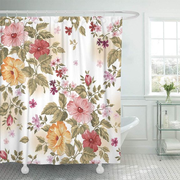 PKNMT Green Vintage Elegance Colorful for Decorating with of Pink Flowers Floral Rose Leaf Bathroom Shower Curtain 66x72 inch
