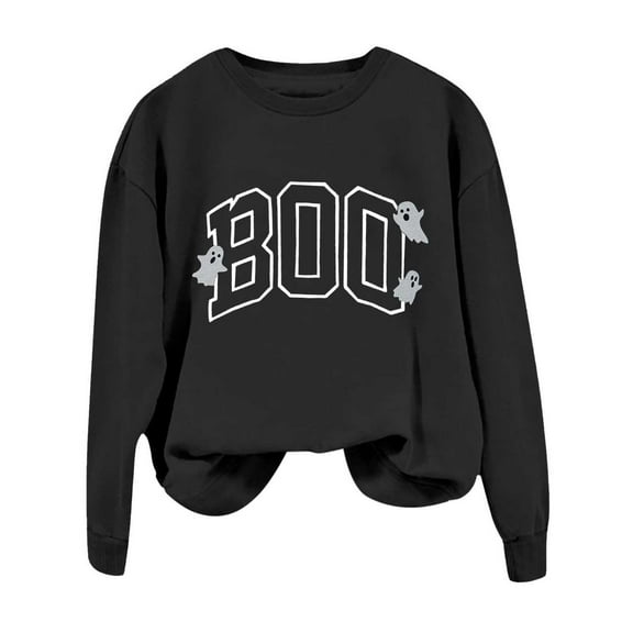 Sweatshirts for Women Boo Letter Printed Crew Neck Long Sleeve Shirt Halloween Spooky Season Pullover Top