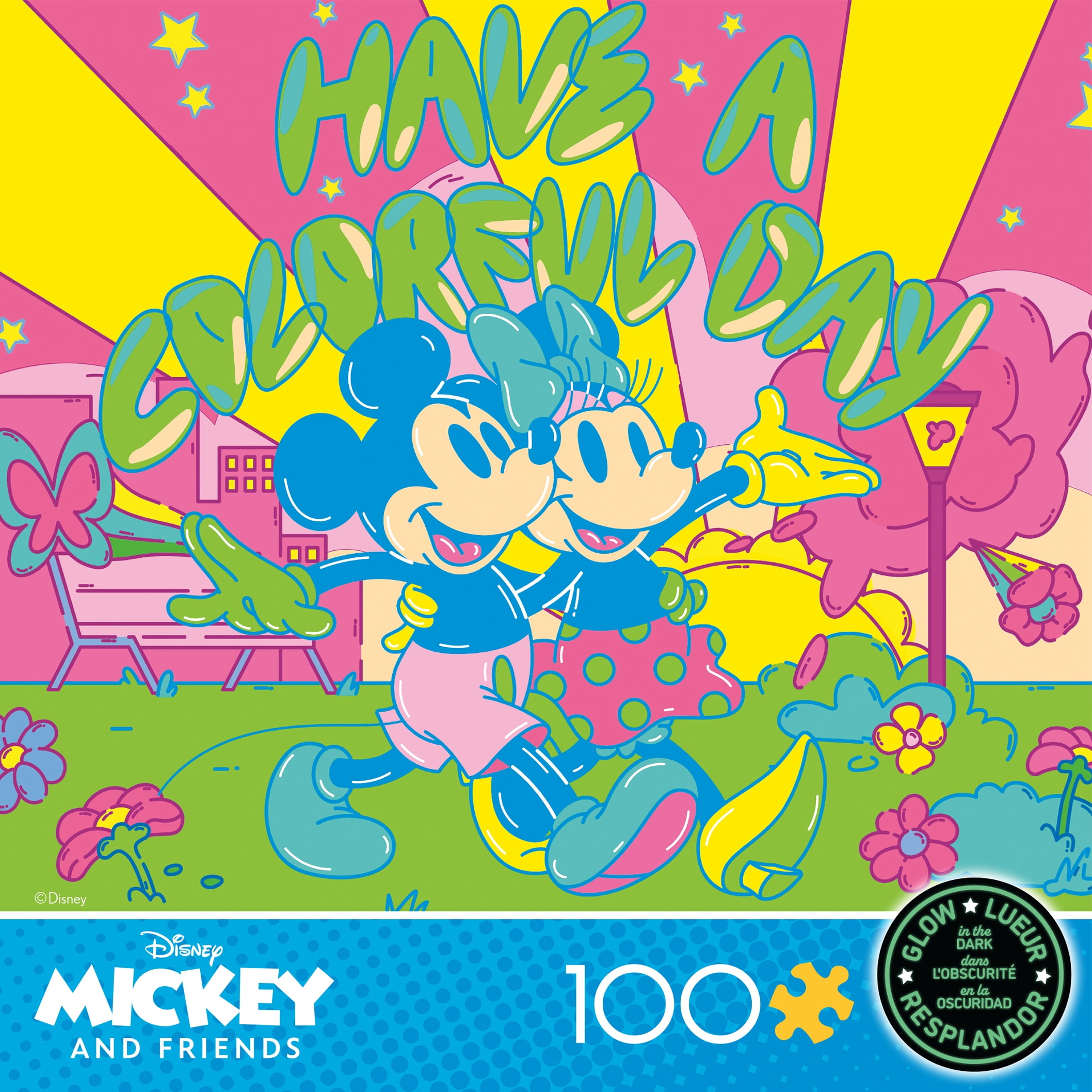 Ceaco Disney Mickey and Friends Have a Colorful Day Glow in the Dark 100-Piece Interlocking Jigsaw Puzzle for Children Ages 6+