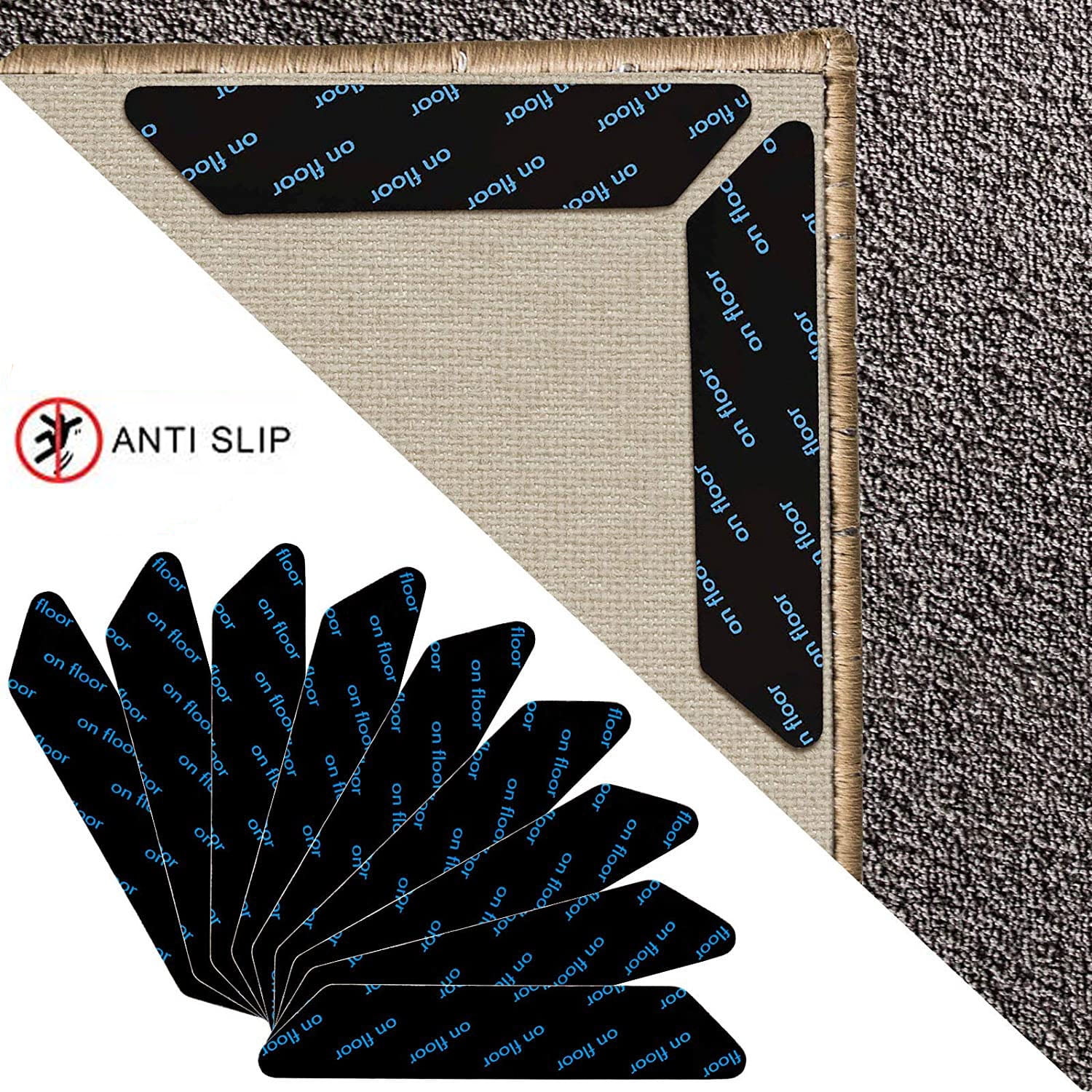 Rug Grippers, Anti Curling Rug Grippers, Non Slip Carpet Grippers, Adhesive Carpet Tape for Hardwood Floors Tile & All Surface(16 Pcs, Black)