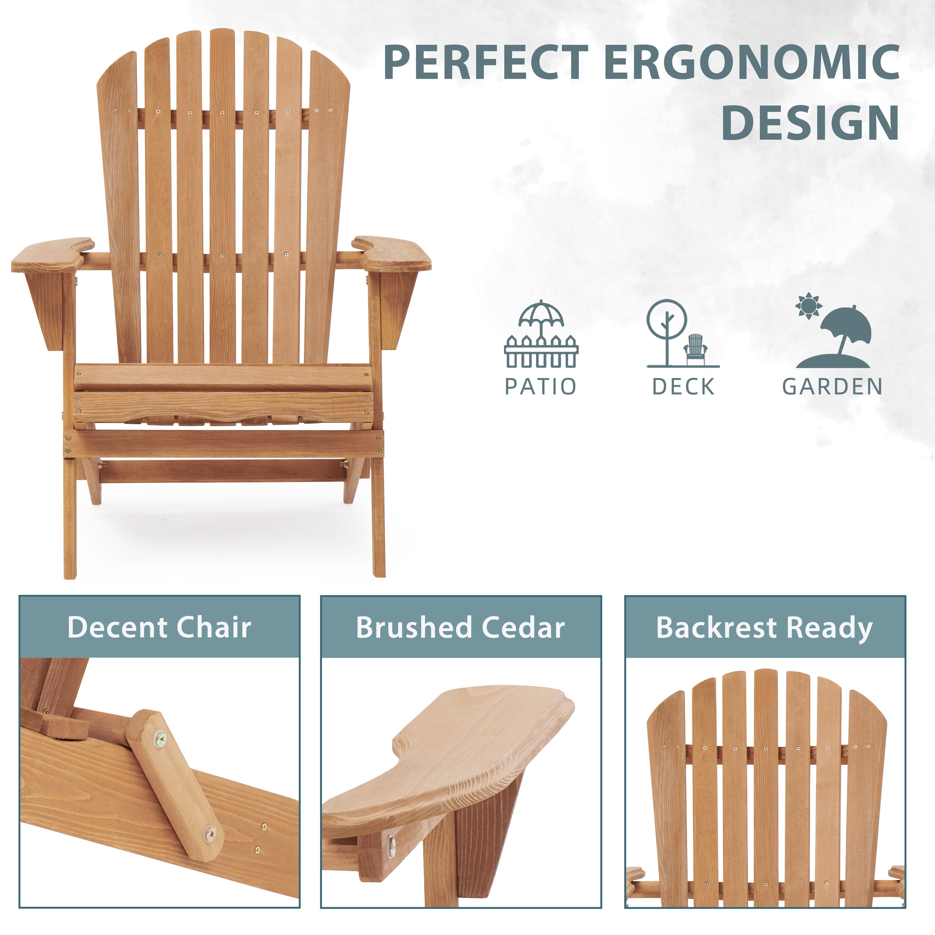 Wood Folding Adirondack Chair, Cedar Outdoor Patio Lounger Chair for Beach, Deck, Garden, Backyard, Lawn, Porch, Pool Side, Fire Pit…