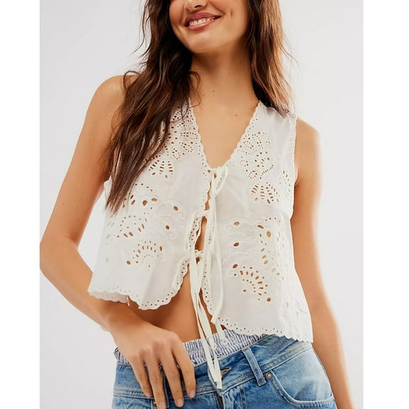 Tank Top for Woman Floral Embroidered Sleeveless Vest Top, Y2K Tie-Front Crop Shirt, V-Neck Tank for Women