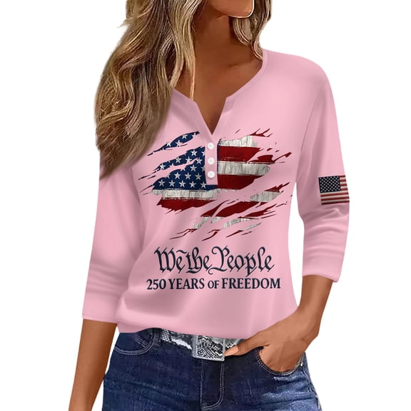 American Flag 250th Anniversary T Shirt Women 3/4 Sleeve V Neck Button 1776-2026 USA Tops