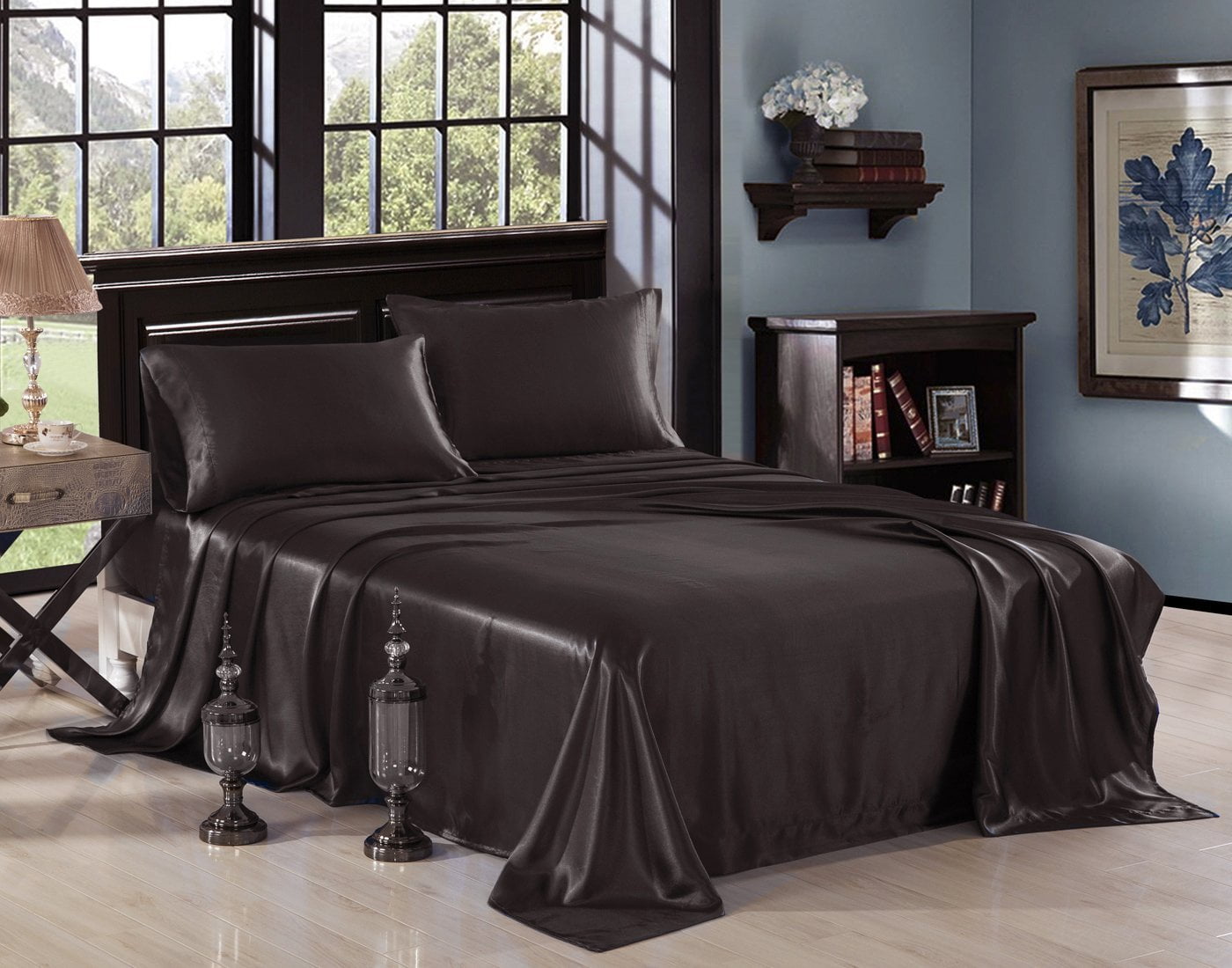 Honeymoon Luxury Satin Bed Sheet Set, Ultra Silky Soft, Full Black