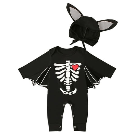

Honeeladyy Sales Toddler Baby Boys Girls Black Cotton Bat Sleeve Halloween Cute Hat Jumpsuit Suit