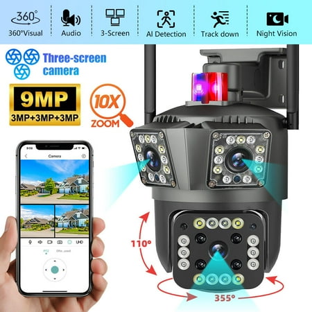 3 Lens Camara De Seguridad 9MP HD Wifi Para Casa Exterior Con Vision Nocturna