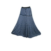 Mogul Women's Long Skirt A-Line Blue Printed Ethnic Indian Crinkled Summer Skirts