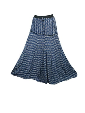 Mogul Women's Long Skirt A-Line Blue Printed Ethnic Indian Crinkled Summer Skirts