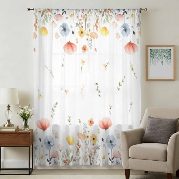 Watercolor Wildflowers Sheer Curtains 72 Inches Long, Farmhouse Botanical Floral Herbs Light Filering Curtains, Breathable Simi Curtain Privacy Drapes for Living Room Bedroom Window Treatment