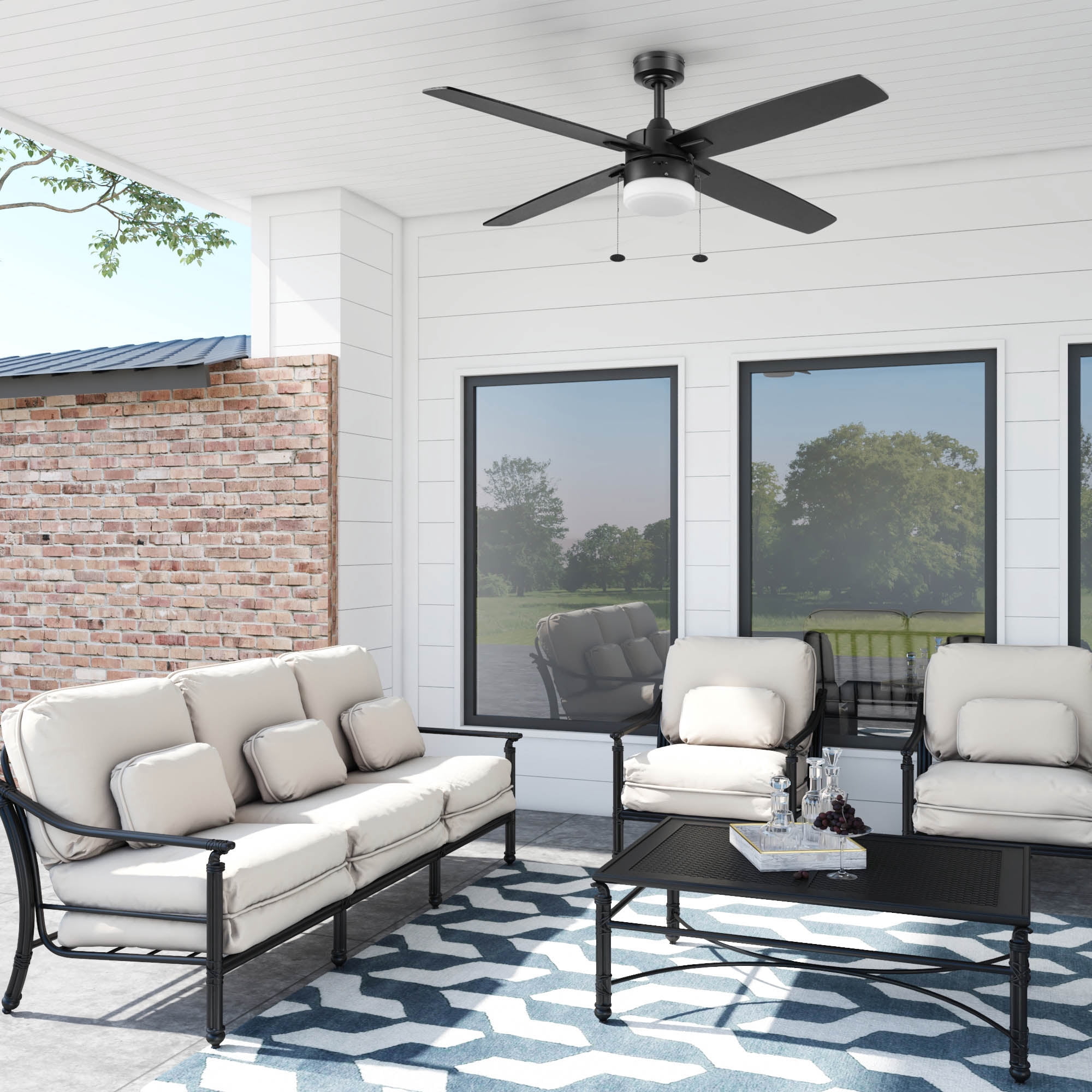 Better Homes & Gardens 52" Black Modern Indoor/Outdoor Ceiling Fan with Light, 4 Blades, Pull Chains & Reverse Airflow