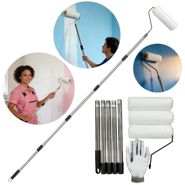 9-Inch Paint Roller Set with 5-Section Telescopic Pole (Max 205cm) - All-in-One Interior Wall & Ceiling Painting Kit for Home Renovation, Includes Roller Frame, 3 Roller Covers, Protective ,