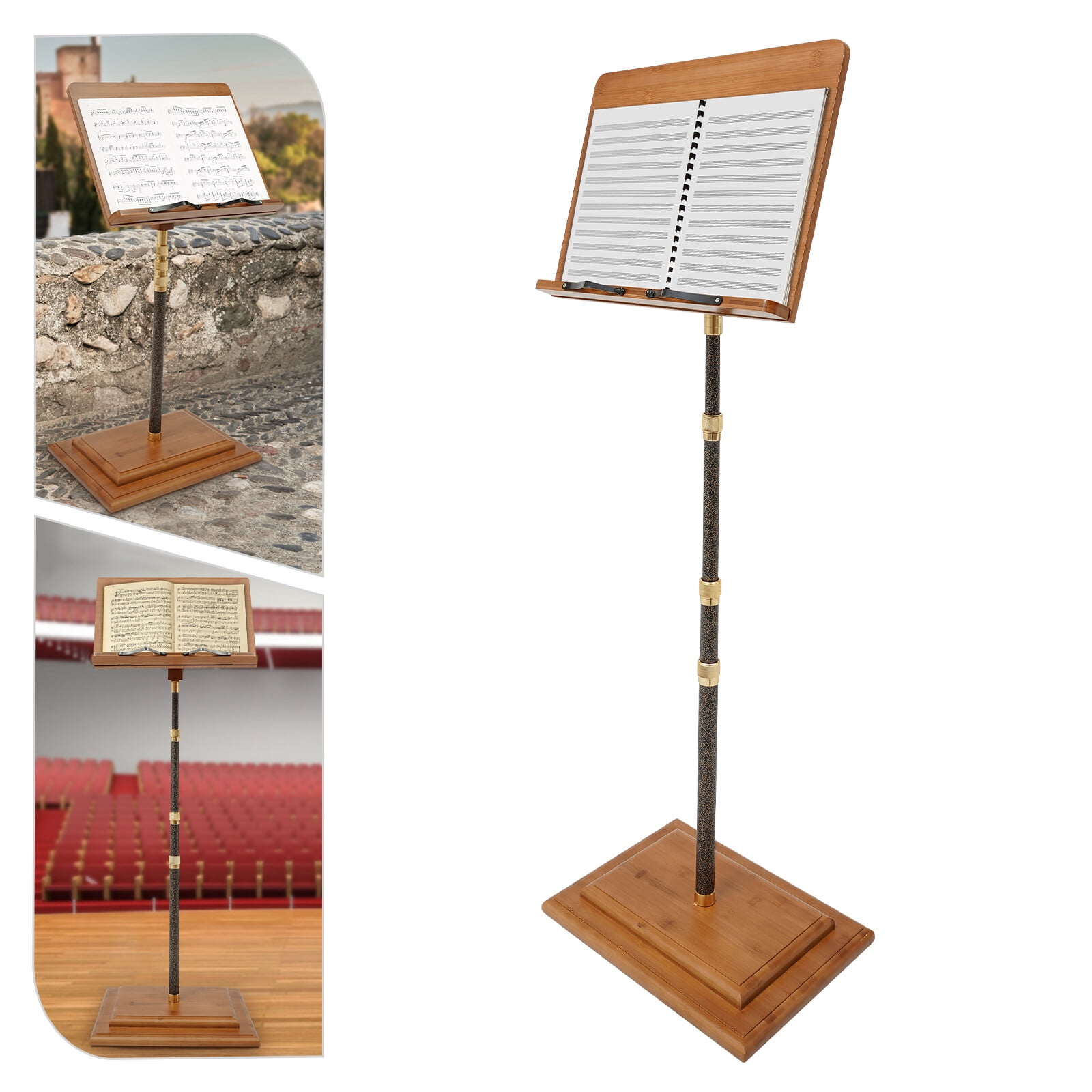 Bamboo Music Stand for Sheet Music Portable & Height-Adjustable Shelf Music Table Stand Height Adjustable from 27.5-59in with Book Stand Support, Carrying Bag