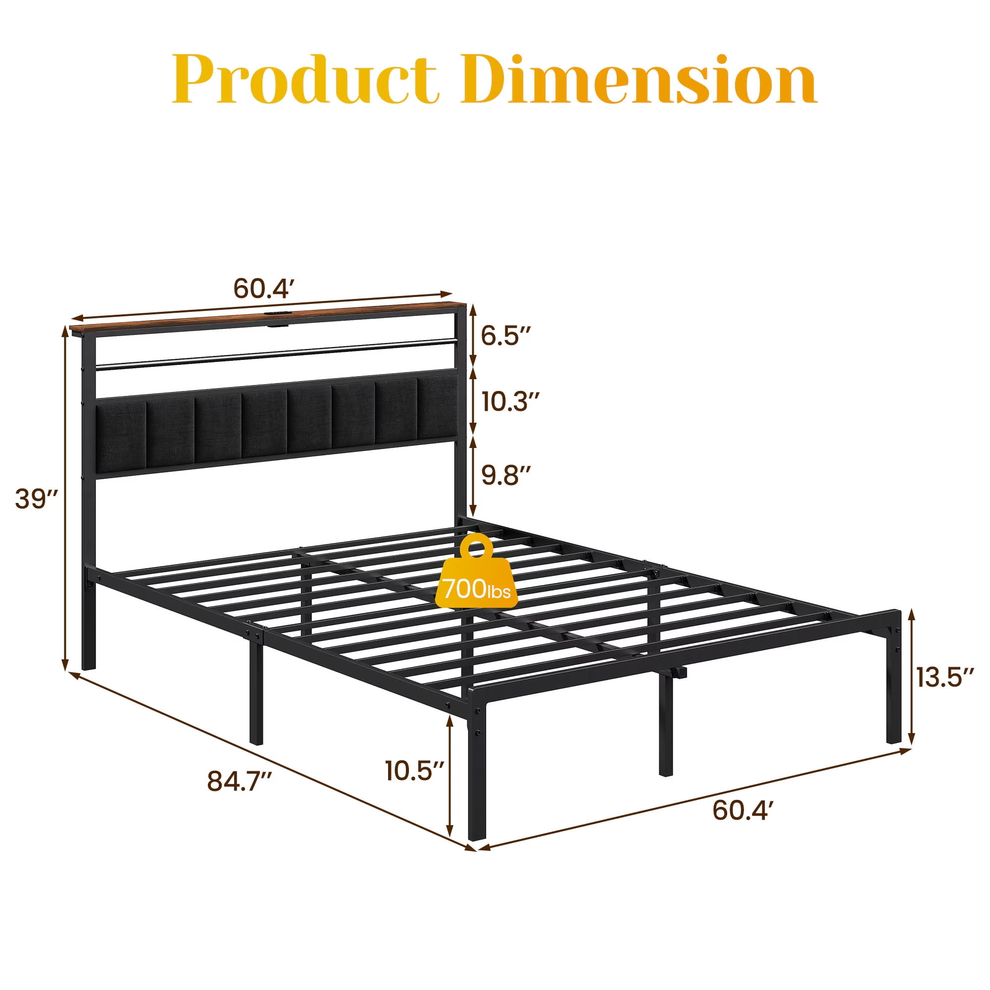 MAYEERTY Queen Size Bed Frame with Charging Station, Heavy Duty Metal Platform Bed with Upholstered Headboard, Support 700 lbs, for Bedroom Dorm