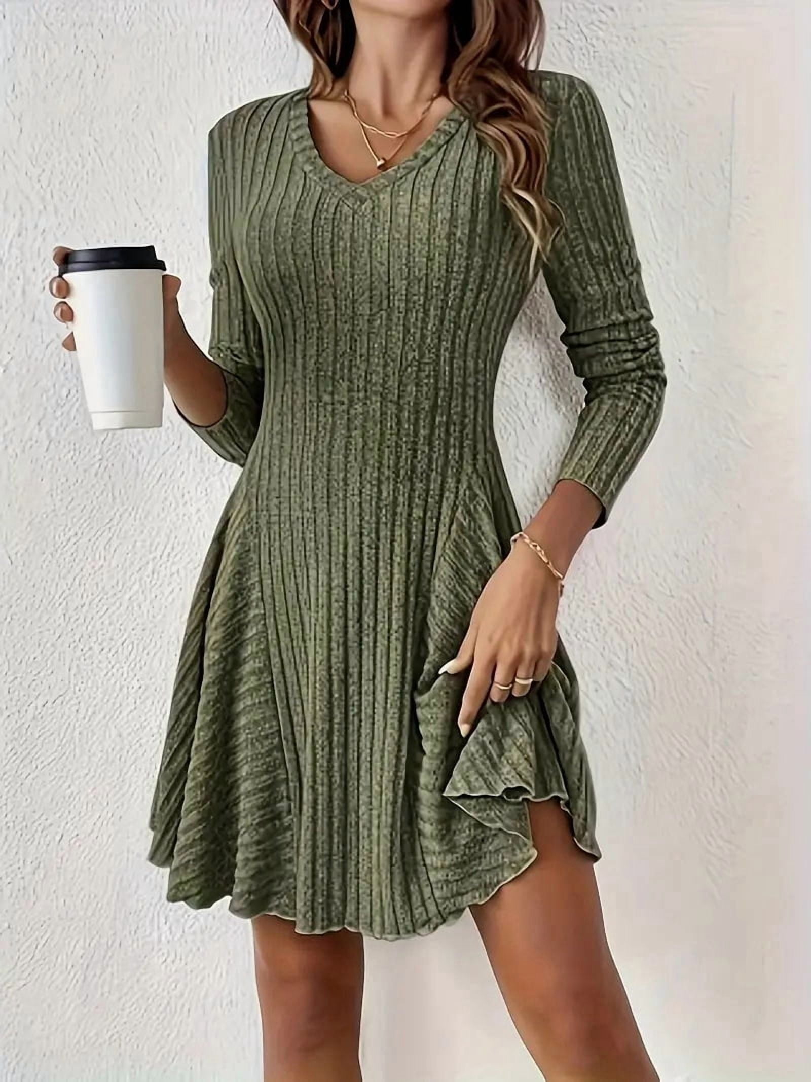Women Long Sleeve Ribbed Knit Short Dresses Fall Winter V Neck Casual Swing A Line Sweater Dress Green M
