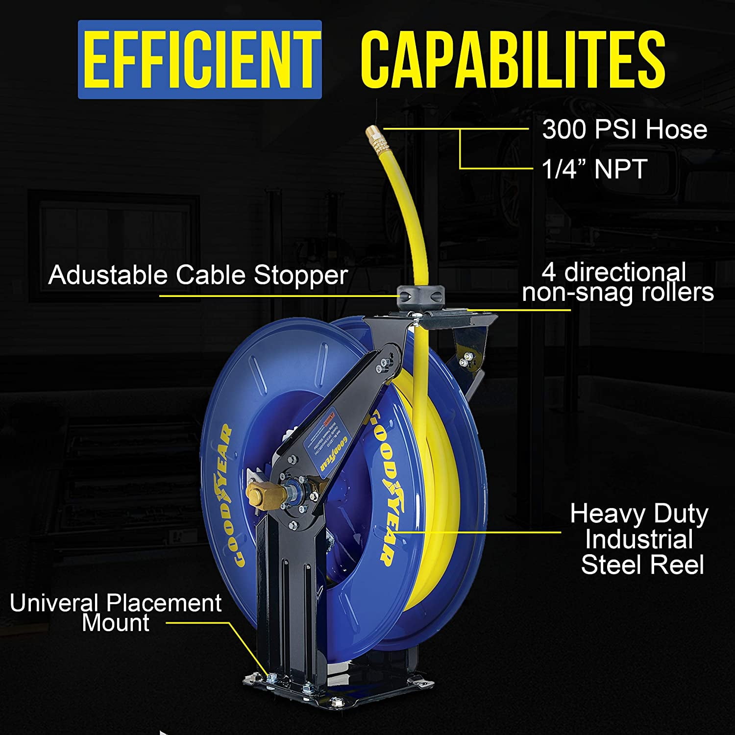 Goodyear Air Hose Reel Retractable 1/2 Inch x 50' Foot Long Premium  Commercial Driven Sbr Hose Max 300 Psi Reinforced Steel Construction Heavy  Duty Retractable Spring Industrial Dual Arm and Pedestal 