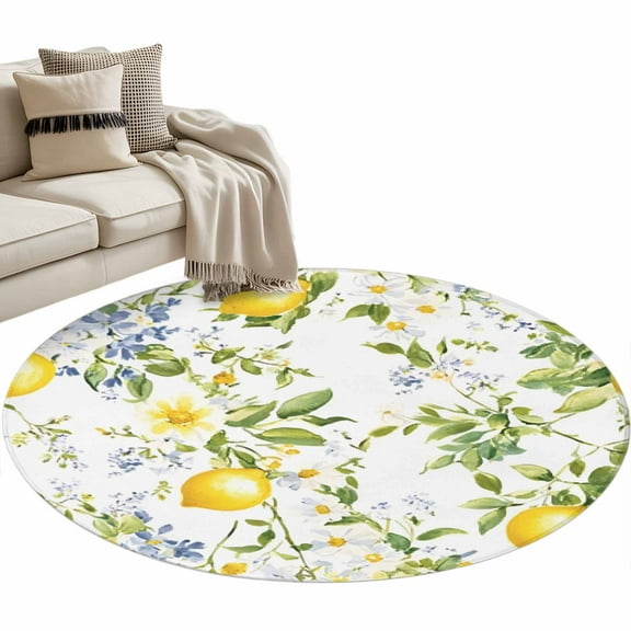 Summer Lemon Round Area Rug 3 FT, Small Kitchen Bathroom Mat, Watercolor Yellow Spring Floral Botanical Washable Indoor Outdoor Throw Runner Carpet Non-Shedding Doormat for Table Shower Sofa Entryway