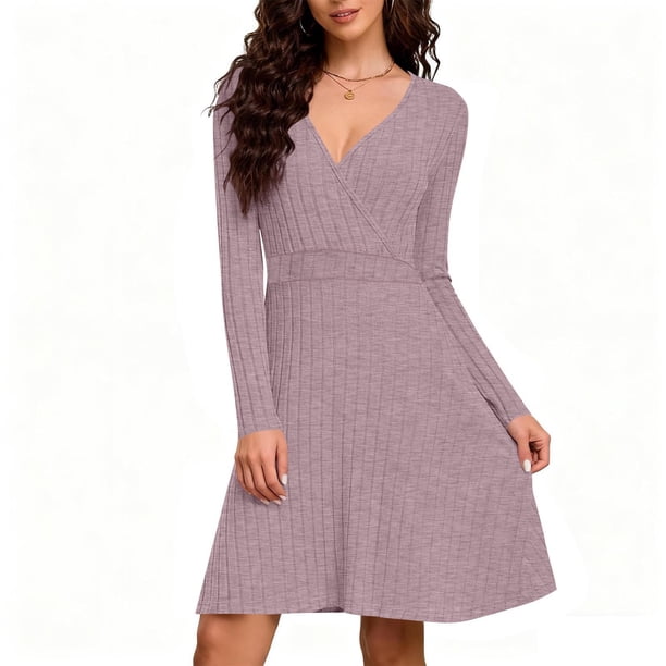mfyjkho Vestidos casuales para mujer, Vestido de manga larga con escote en V y canalé cepillado de color liso para mujer Vestidos de fiesta para mujer xxl