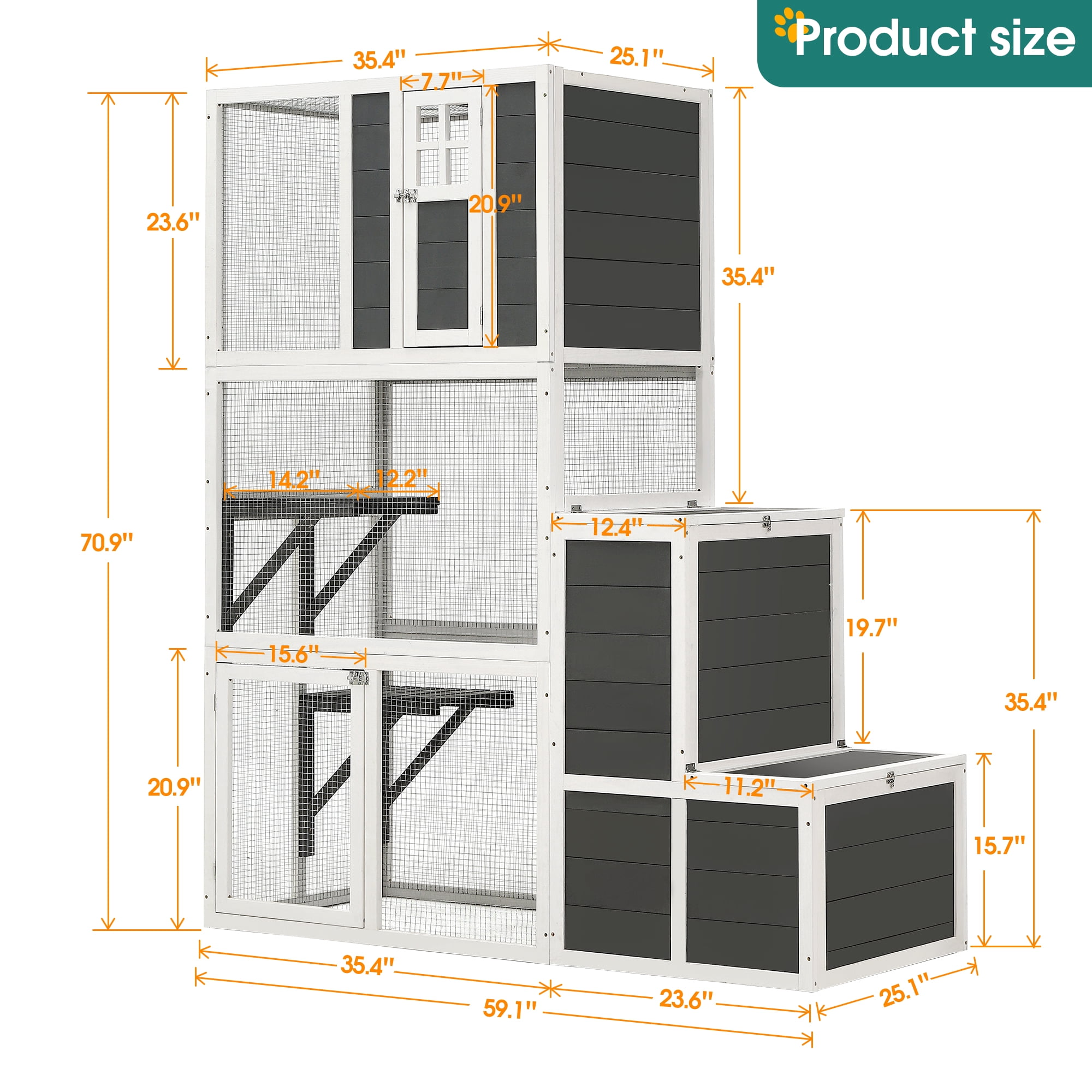M optimized 71"H Outdoor Cat House Catio 3-Tier Cat Enclosure Cage Wood Large Kitty Cages with Jump Box Platform Door for 1-3 Cats Hiding Resting
