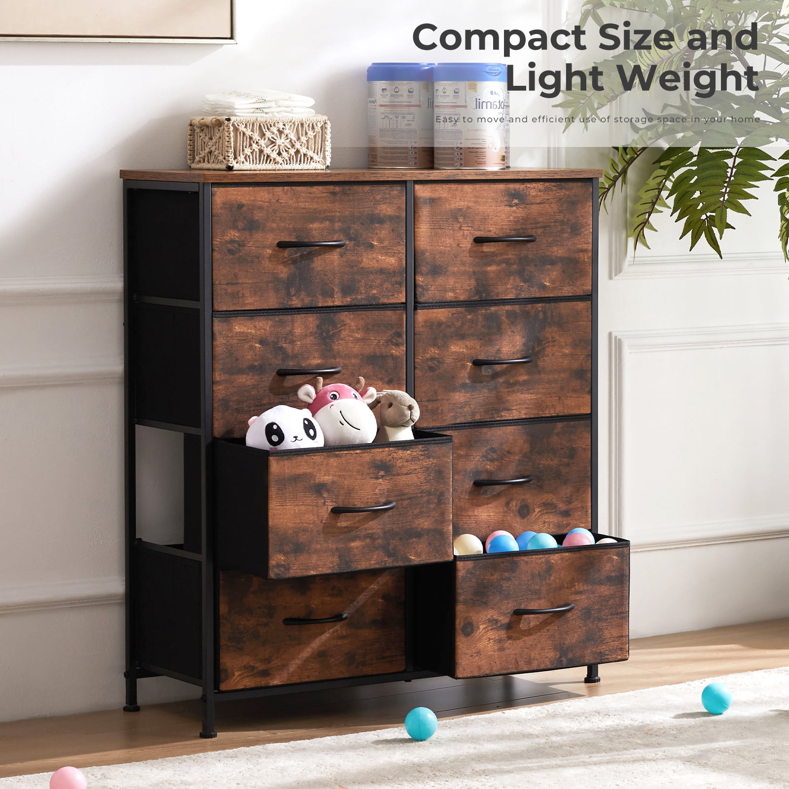 Aidoly Dresser for Bedroom, 8 Storage Drawers, Anti-Tip Fabric Closet Chests Organizer Tower Furniture with Wooden Top Metal Frame for Clothes, Living Room, Hallway, Entryway, Rust