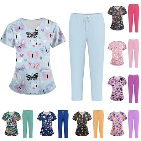 Minjewel Women s Plus Size Printed V-Neck Short Sleeve Scrubs for Women Set with Pockets Fun & Colorful Animal Floral Scrub Set Purple S