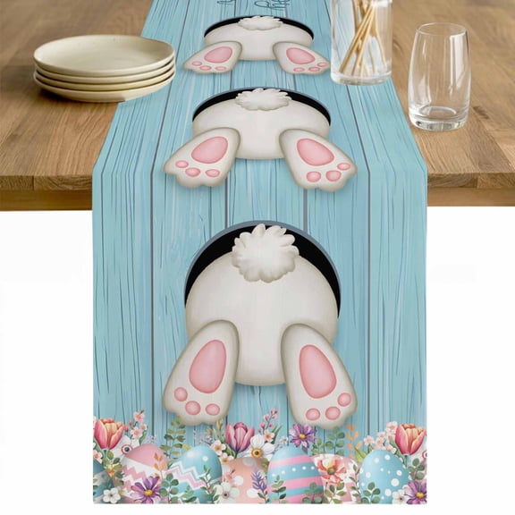 Easter Bunny Table Runner - 60 Inch Long Colorful Eggs Cute Rabbit Blue Country Wooden Cotton and Linen Blended Dress Scarves Farmhouse Table Runner for Kitchen Dining, Coffee Table, 13" x 60"