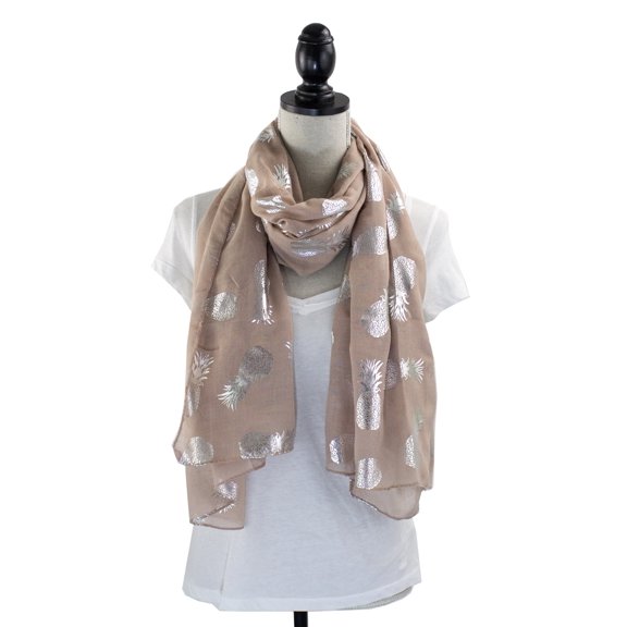 Womens Pineapple Metallic Silver Foil Print Fashion Scarf Soft Shawl Wrap (Mocha)