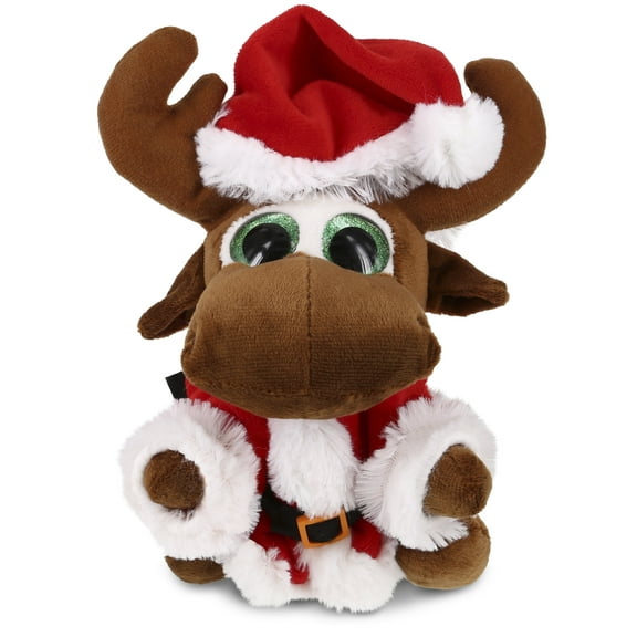 DolliBu Santa Sparkle Eyes Moose Stuffed Animal Plush Toy - Super Soft Wild Animal Dress Up with Red Santa Claus Outfit, Cute Gift, Perfect Holiday Christmas Gift - 6 Inches