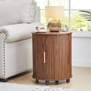 18 Inch Nightstands Set of 2, Fluted Round Wood Nightstand with Charging Station, Small End Table for Living Room, Sliding Door Round Side Table with Storage for Bedrrom (18 inch, Walnut)