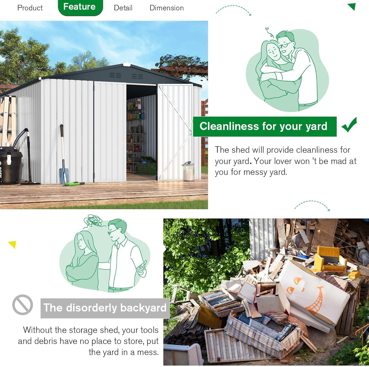 AECOJOY 10' x 10' Outdoor Storage Shed with Lockable Door Patio Metal Garden Storage Building in White for Outside