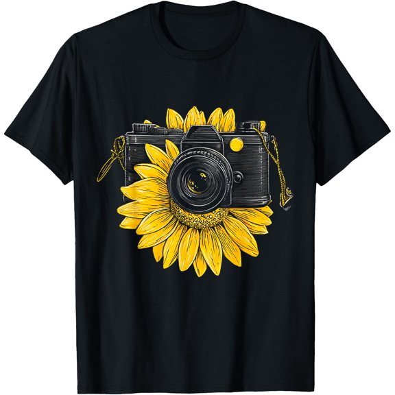 Sunflower Camera Flower Drawing Artwork T-Shirt Size S-5XL