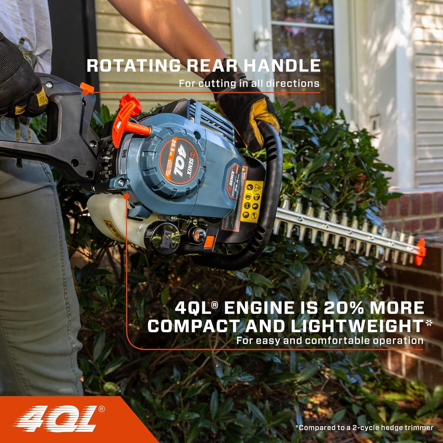 Senix 4-Cycle Gas Powered Hedge Trimmer, Heavy Duty Lightweight Lawn Cutter, 26.5cc, Dual Action Cutting Mechanism, HT4QL-L