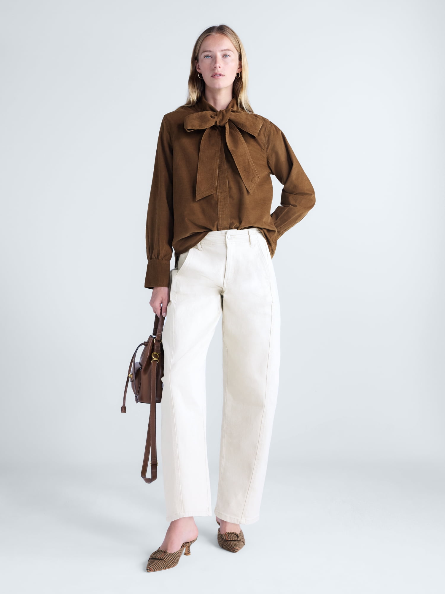 Free Assembly Women's and Women's Plus Long Sleeve Tie Neck Shirt, Sizes XS-4X