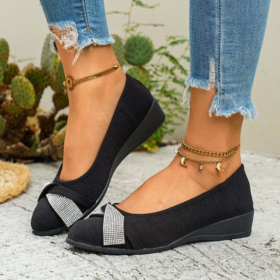 Casual Shoes for Women Elegant Round Toe On Casual Shoes For With Embellishments Comfortable Flat Sole Everyday Footwear For All Day Wear Wide Fit,Black,CN:37(US:6.5)