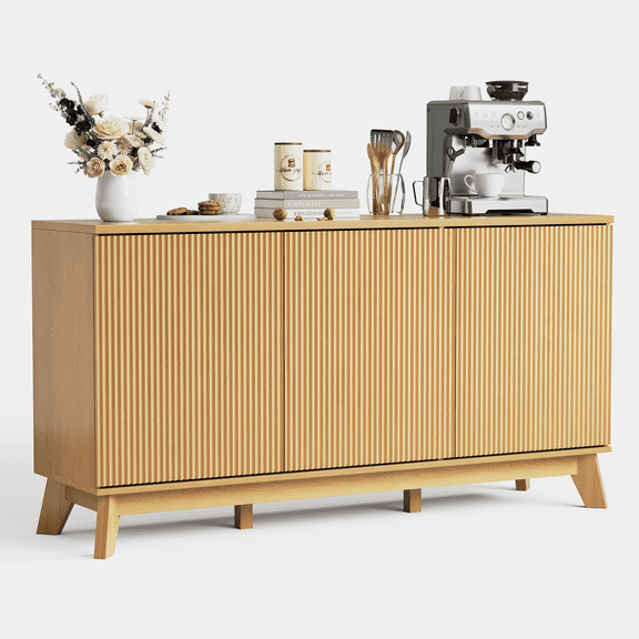 Home Kitchen 58" Modern Farmhouse Buffet Cabinet with Curved Doors & Adjustable Shelves - Wood Storage Sideboard for Dining Room, Coffee Bar Console, Living Room