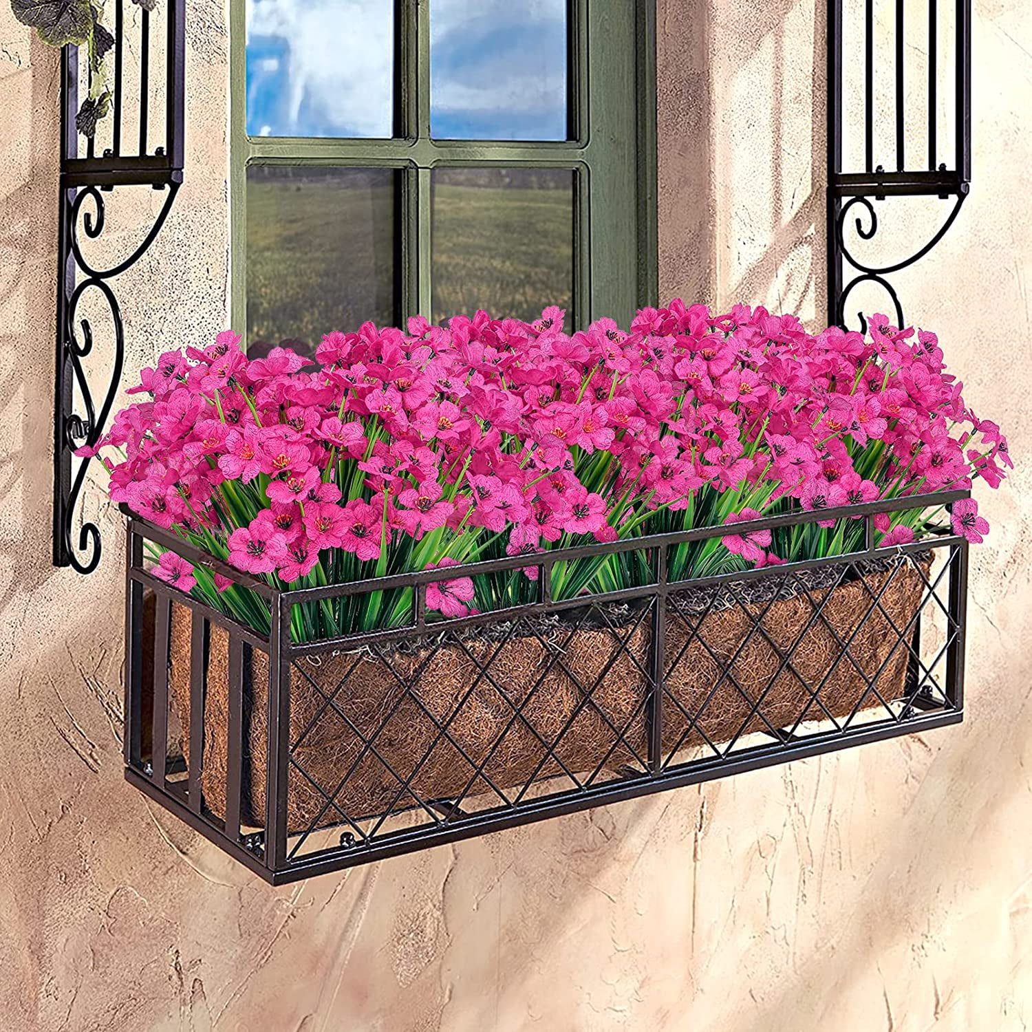 Artificial Flowers for Outdoors Faux Plastic Plants Fake Flowers UV Resistant Greenery Shrubs for Garden Porch Window Box Home Decor (Rose Red)