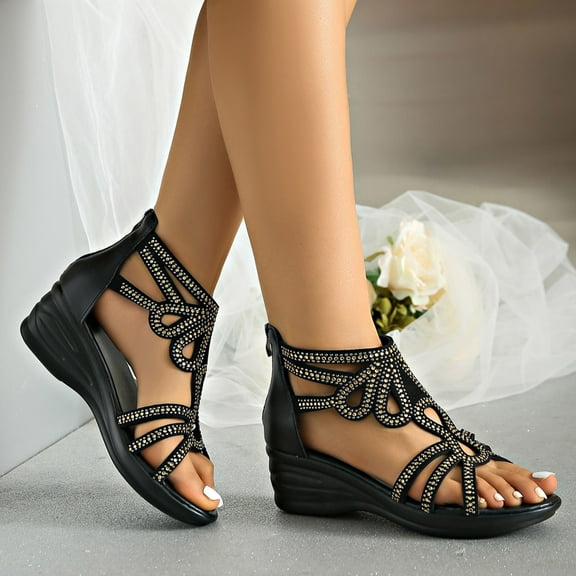 THDHVS Womens Wedge Sandals,Comfortable Sandals for Women,Women's Fashion Casual Spring and Summer Hollowfish Mouth Wedge Sandals Black 7.5