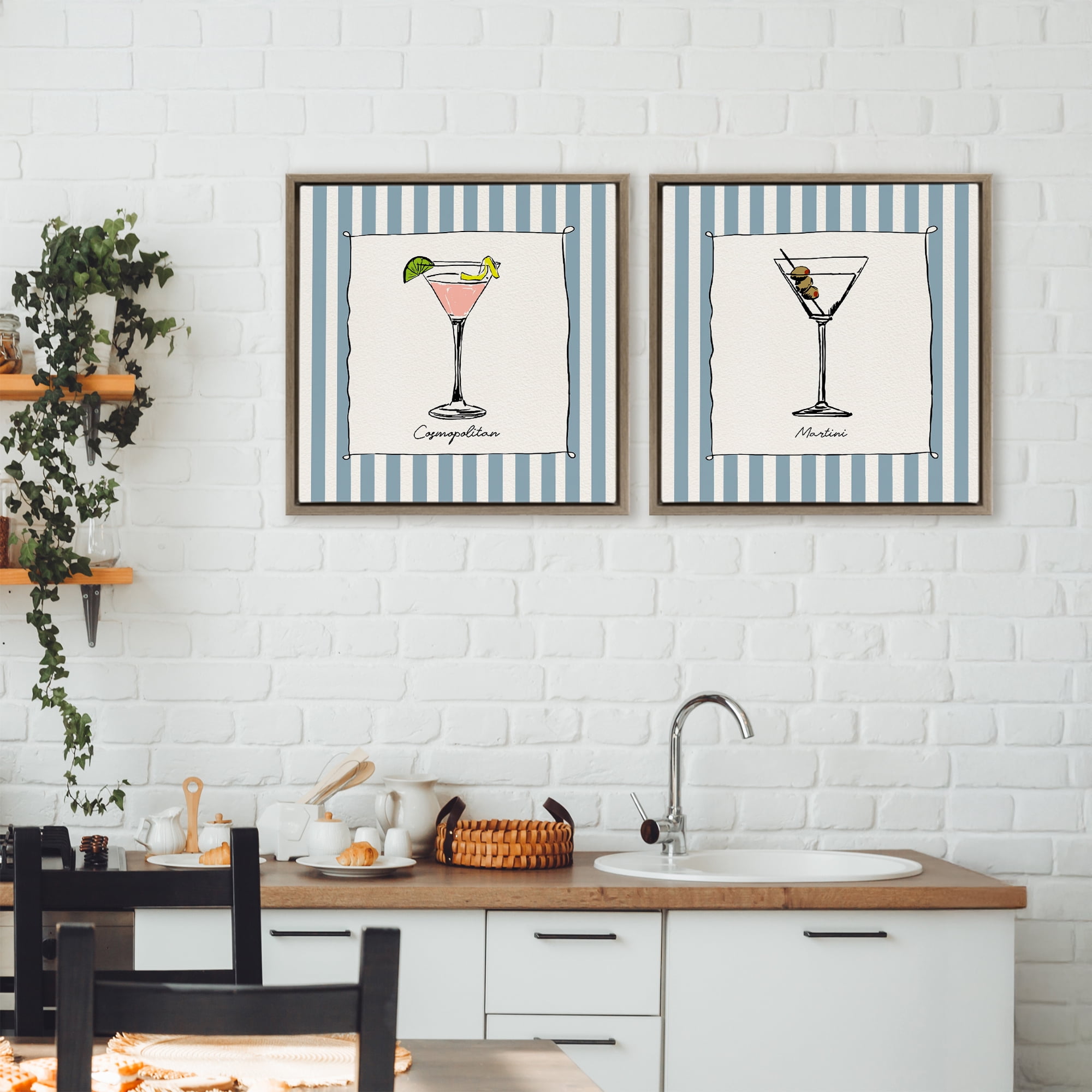 Stupell Industries Summer Drinks on Stripes 2 Piece Brown Framed Floater Canvas Set, design by Susan Jill