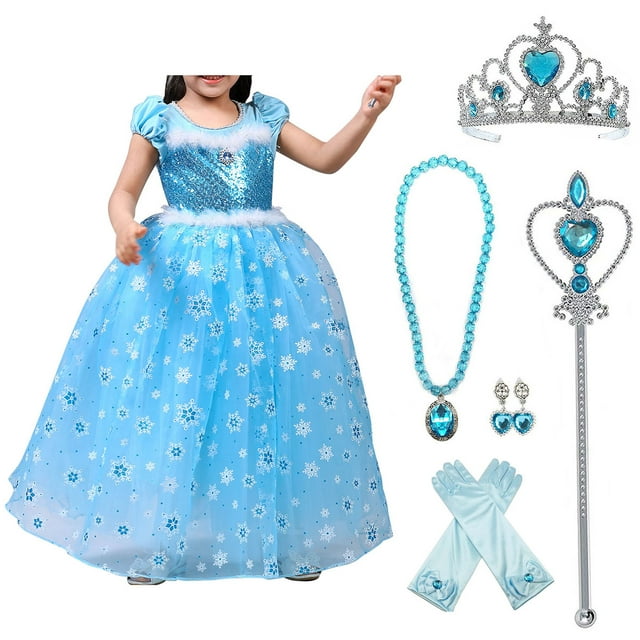 Déguisements de Princesse Elsa pour Filles Reine des Neiges Robe de Fête d'Anniversaire Chic avec Accessoires pour Fête de Filles