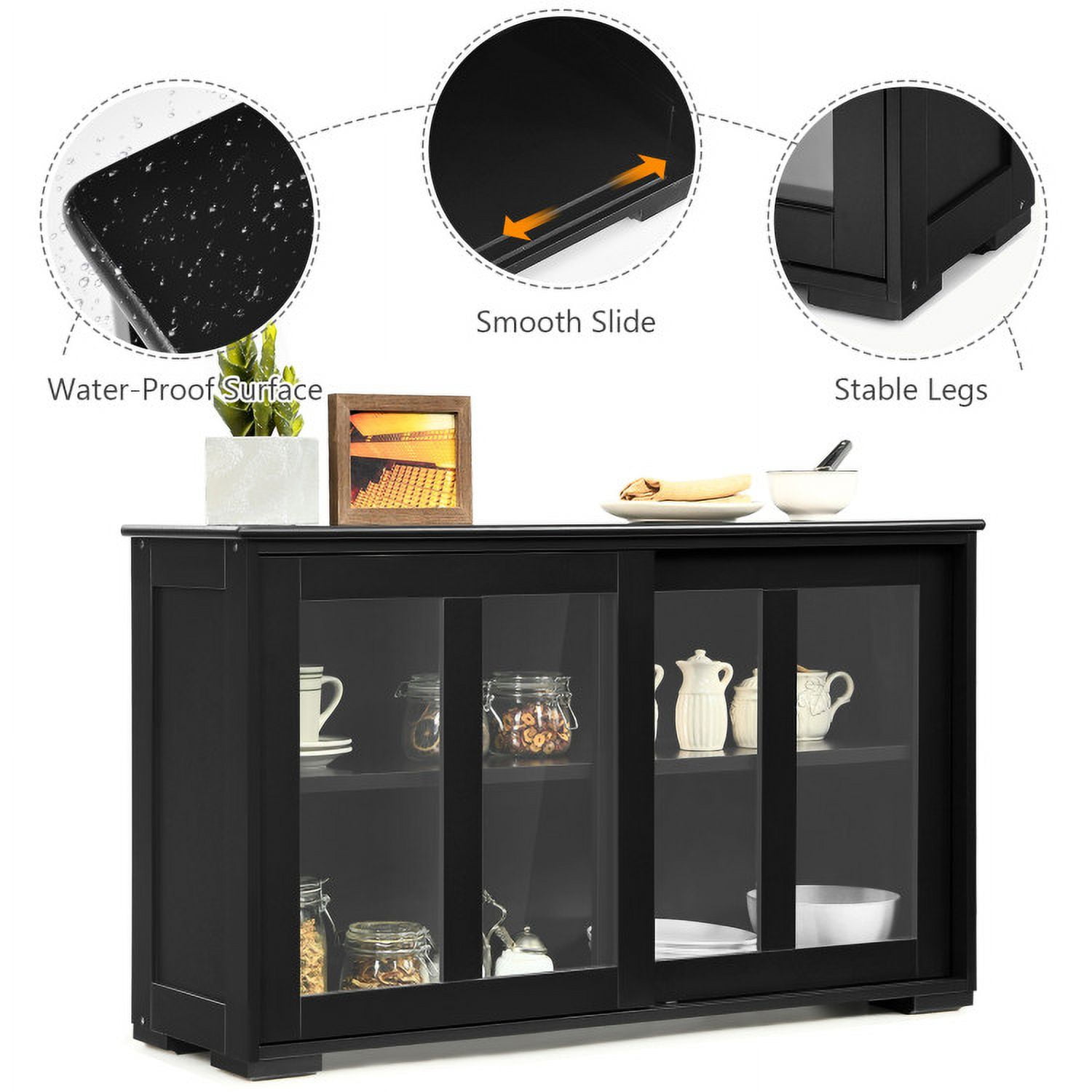 Finihen Kitchen Storage Cabinet, Buffet Sideboard, with Glass Sliding Door, for Dining Room, Kitchen, Living Room, Black Finihen Kitchen Storage Cabinet, Buffet Sideboard, with Glass Sliding Door, for Dining Room, Kitchen, Living Room, Black