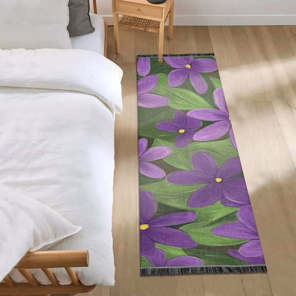Purple Flower Gouache Painting Bedroom Runner Rug 2'x 6' Non Slip Carpet Indoor Home Area Rug Living Room